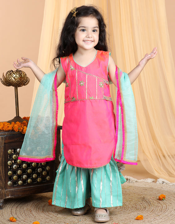 Pink embroidered Kurti paried with gold printed Sharara pant