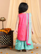 Pink embroidered Kurti paried with gold printed Sharara pant