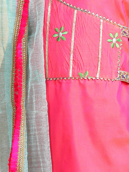 Pink embroidered Kurti paried with gold printed Sharara pant