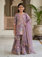 Kinder Kids Purple Floral printed kurti With Purple Sharara and Dupatta