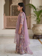 Kinder Kids Purple Floral printed kurti With Purple Sharara and Dupatta