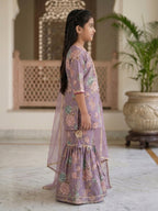 Kinder Kids Purple Floral printed kurti With Purple Sharara and Dupatta