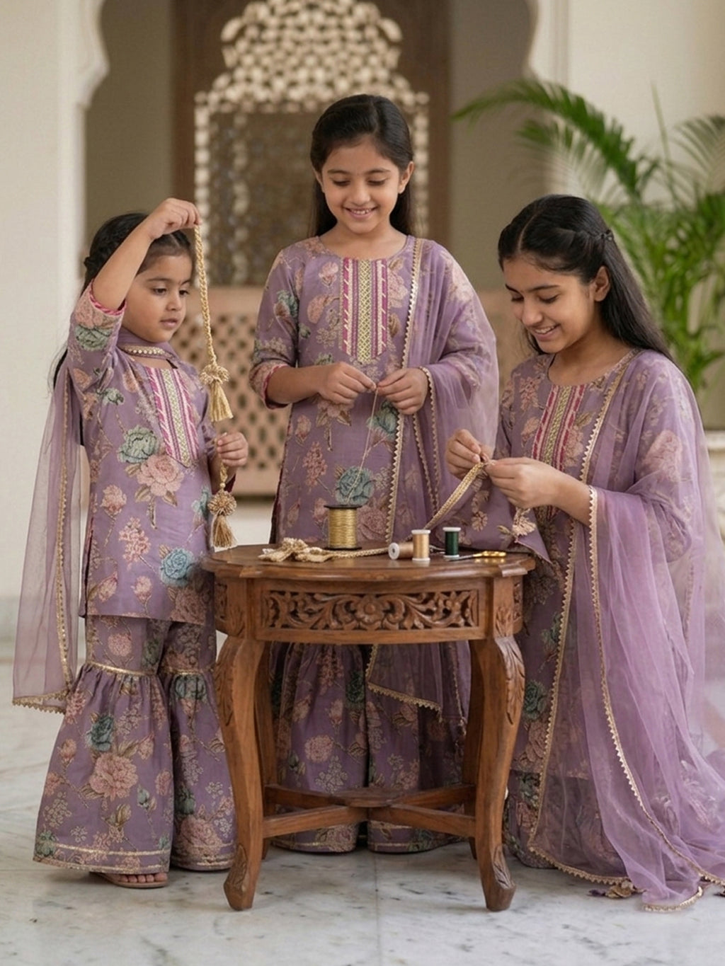 Kinder Kids Purple Floral printed kurti With Purple Sharara and Dupatta