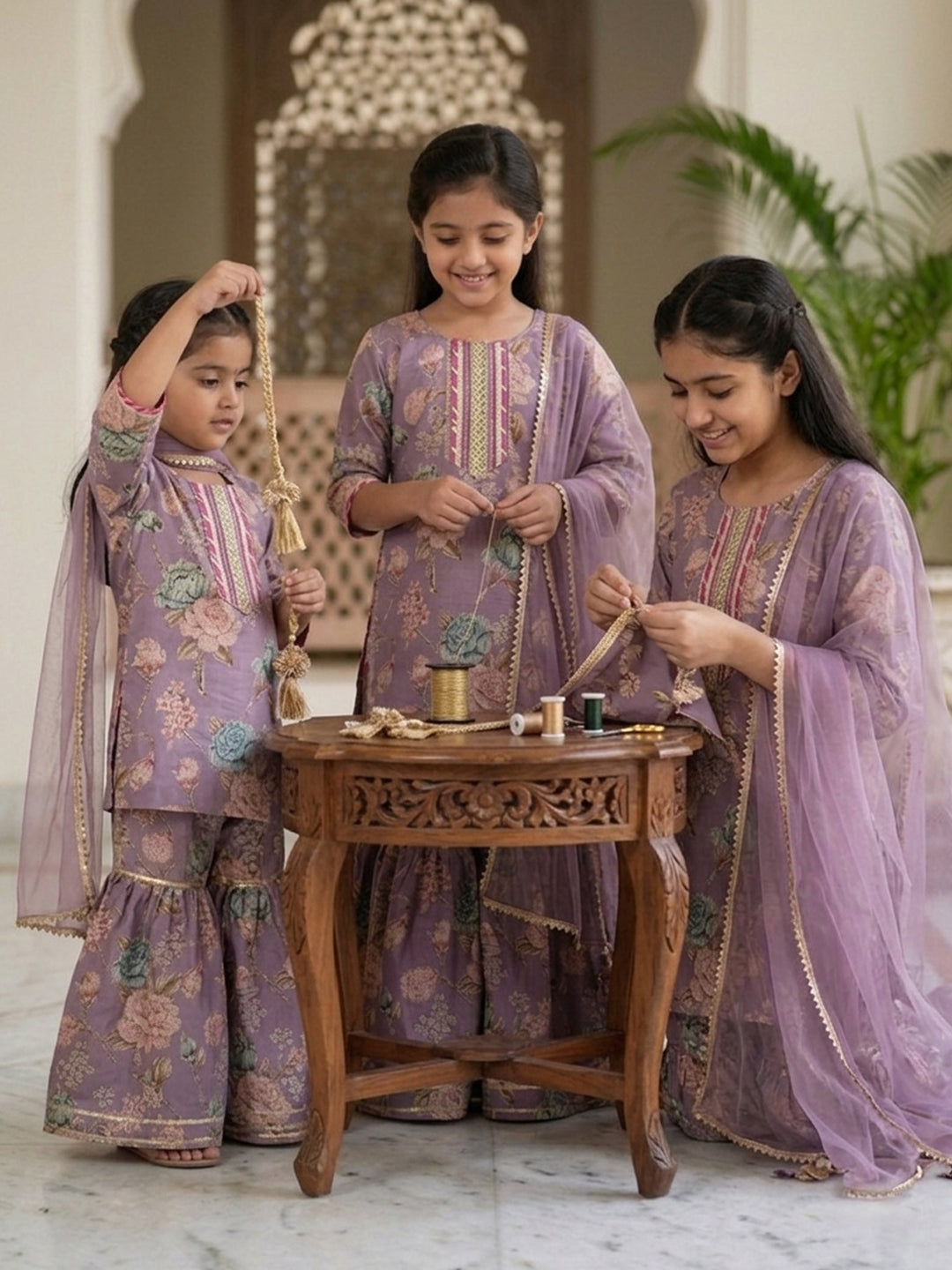 Kinder Kids Purple Floral printed kurti With Purple Sharara and Dupatta