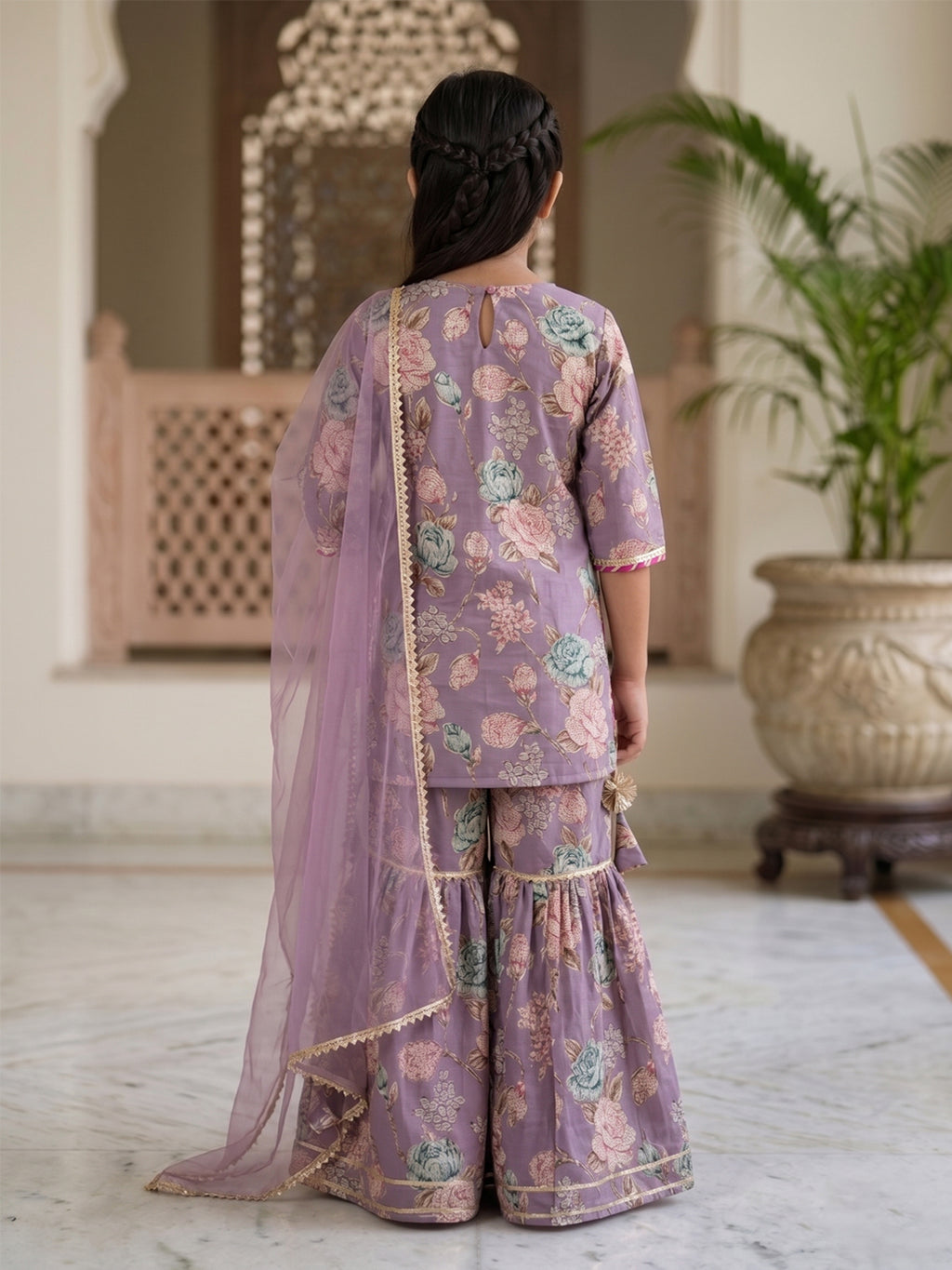 Kinder Kids Purple Floral printed kurti With Purple Sharara and Dupatta