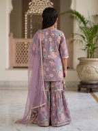 Kinder Kids Purple Floral printed kurti With Purple Sharara and Dupatta