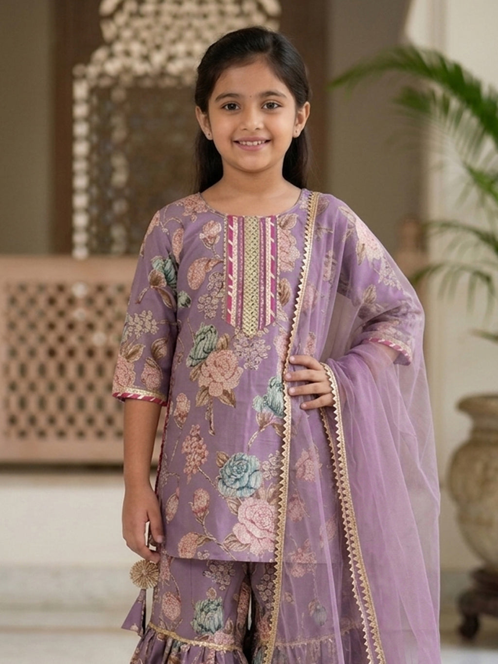 Kinder Kids Purple Floral printed kurti With Purple Sharara and Dupatta