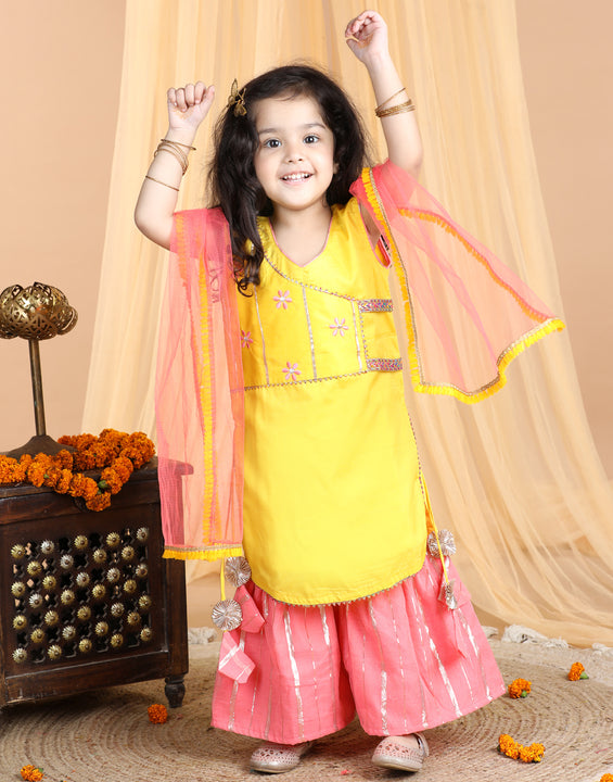 Yellow embroidered Kurti paried with gold printed Sharara pant