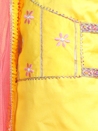 Yellow embroidered Kurti paried with gold printed Sharara pant