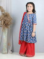 Blue printed kurti with red sharara and dupatta