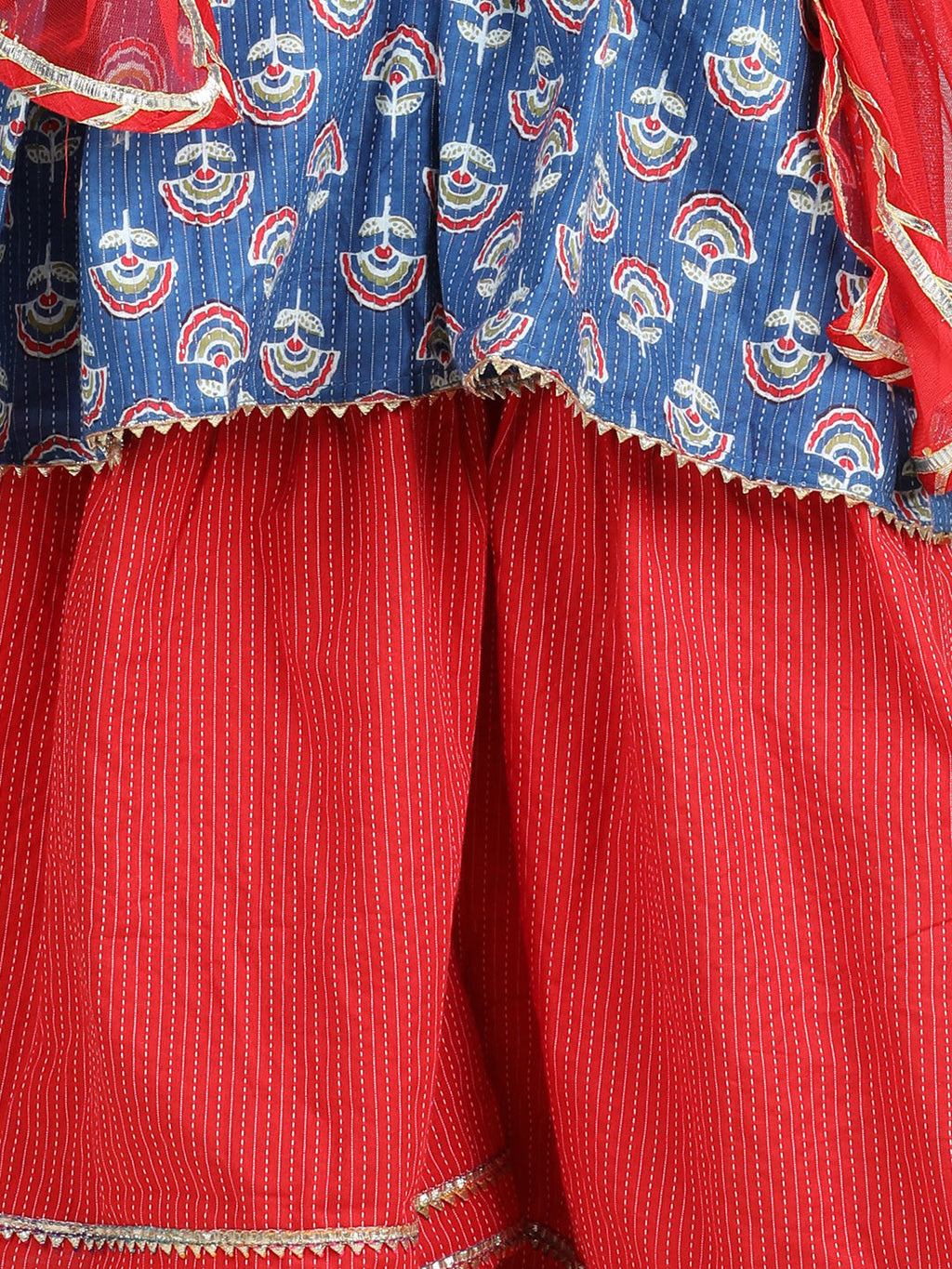 Blue printed kurti with red sharara and dupatta