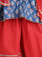 Blue printed kurti with red sharara and dupatta