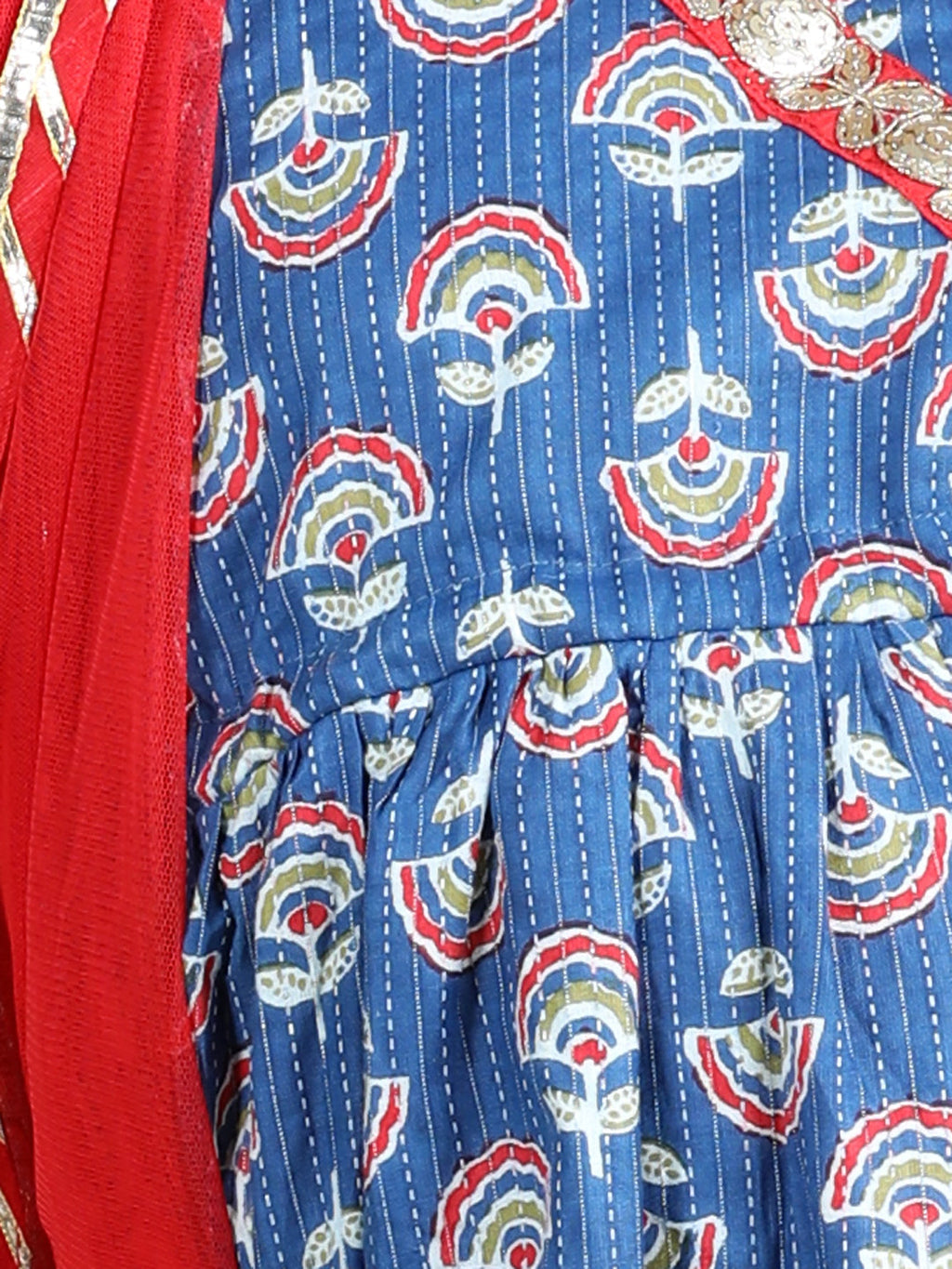 Blue printed kurti with red sharara and dupatta