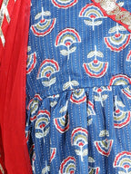 Blue printed kurti with red sharara and dupatta