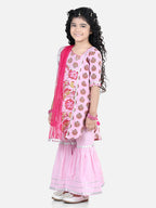 Pink Floral Print Lace Embellished Kurti With Sharara And Dupatta