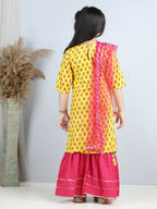 Yellow Printed kurti with Pink sharara with dupatta