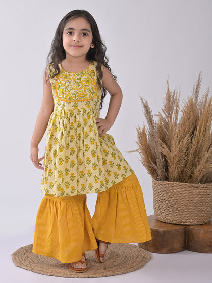 Yellow & Green Floral Kurti paried with yellow Sharara