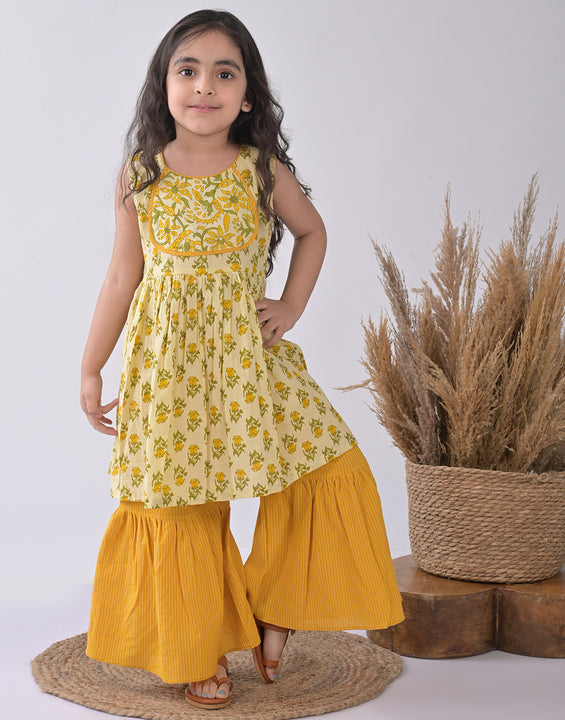 Yellow & Green Floral Kurti paried with yellow Sharara