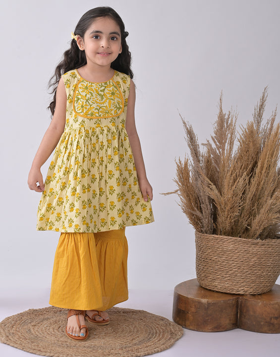 Yellow & Green Floral Kurti paried with yellow Sharara