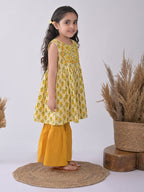 Yellow & Green Floral Kurti paried with yellow Sharara