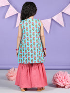 Blue Floral printed Collar style kurti with sharara