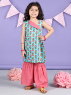 Blue Floral printed Collar style kurti with sharara