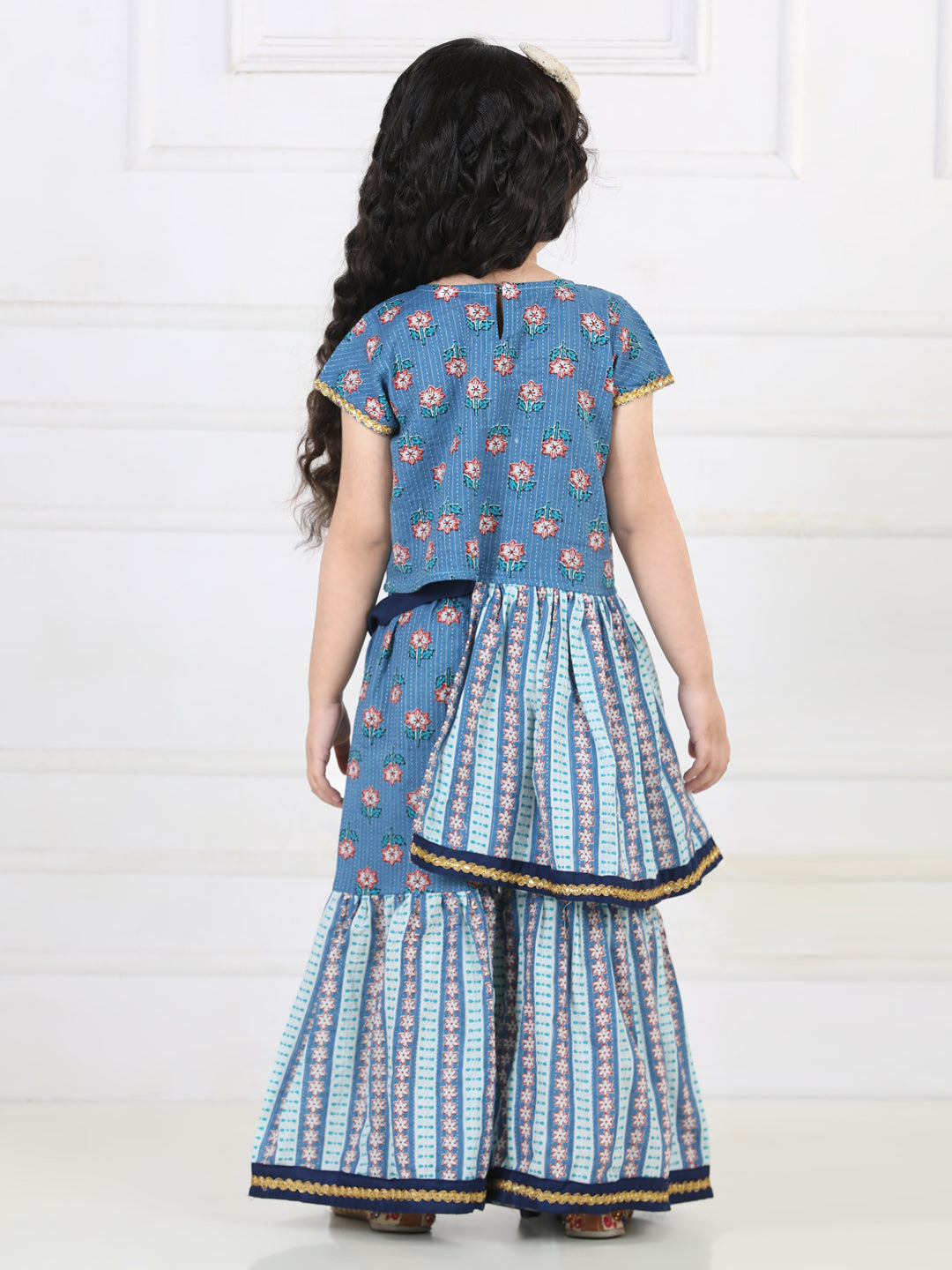 Blue Floral Printed & Striped Kurta and Sharara
