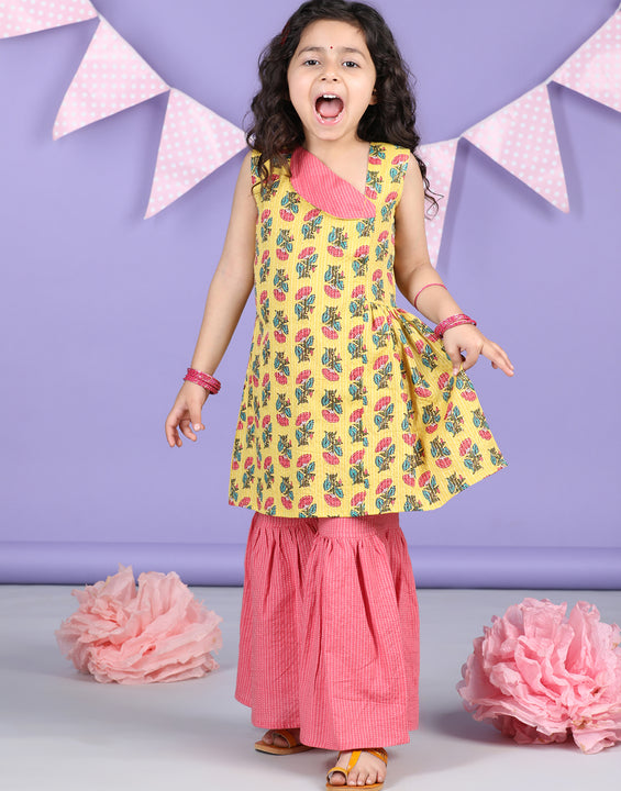 Yellow Floral printed Collar style kurti Sharara set