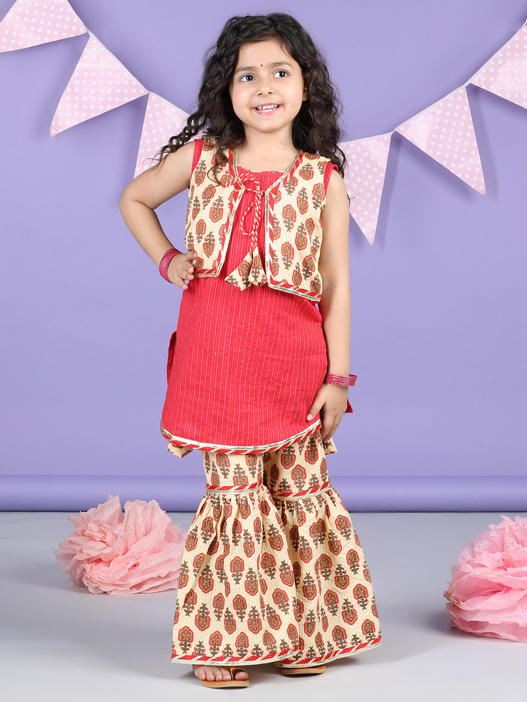 White  Floral printed & Red Kurti  jacket Sharara Set