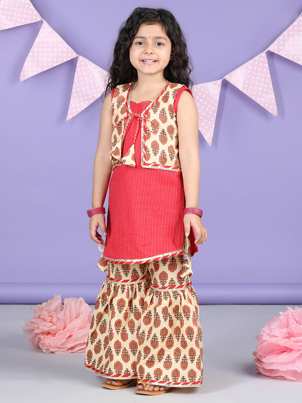 White  Floral printed & Red Kurti  jacket Sharara Set