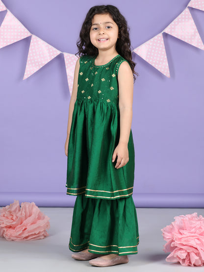 Green sleeveless embroidered Kurti Sharara set