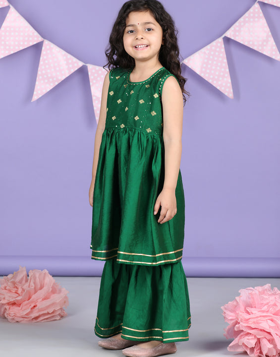 Green sleeveless embroidered Kurti Sharara set