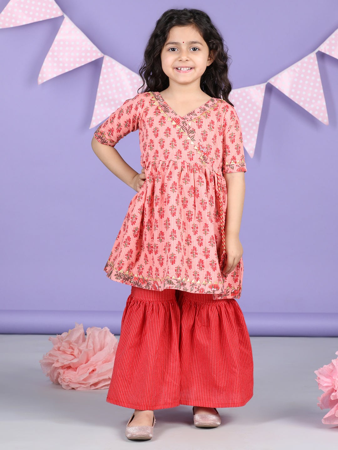 Peach & Red Cotton katha printed Kurti Sharara Set