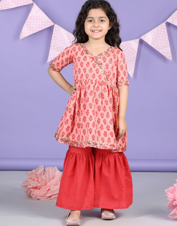 Peach & Red Cotton katha printed Kurti Sharara Set