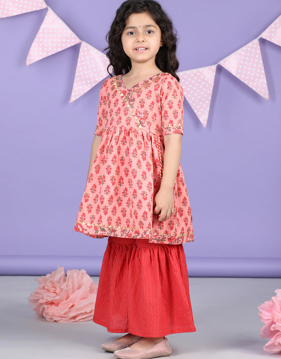 Peach & Red Cotton katha printed Kurti Sharara Set