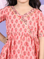 Peach & Red Cotton katha printed Kurti Sharara Set