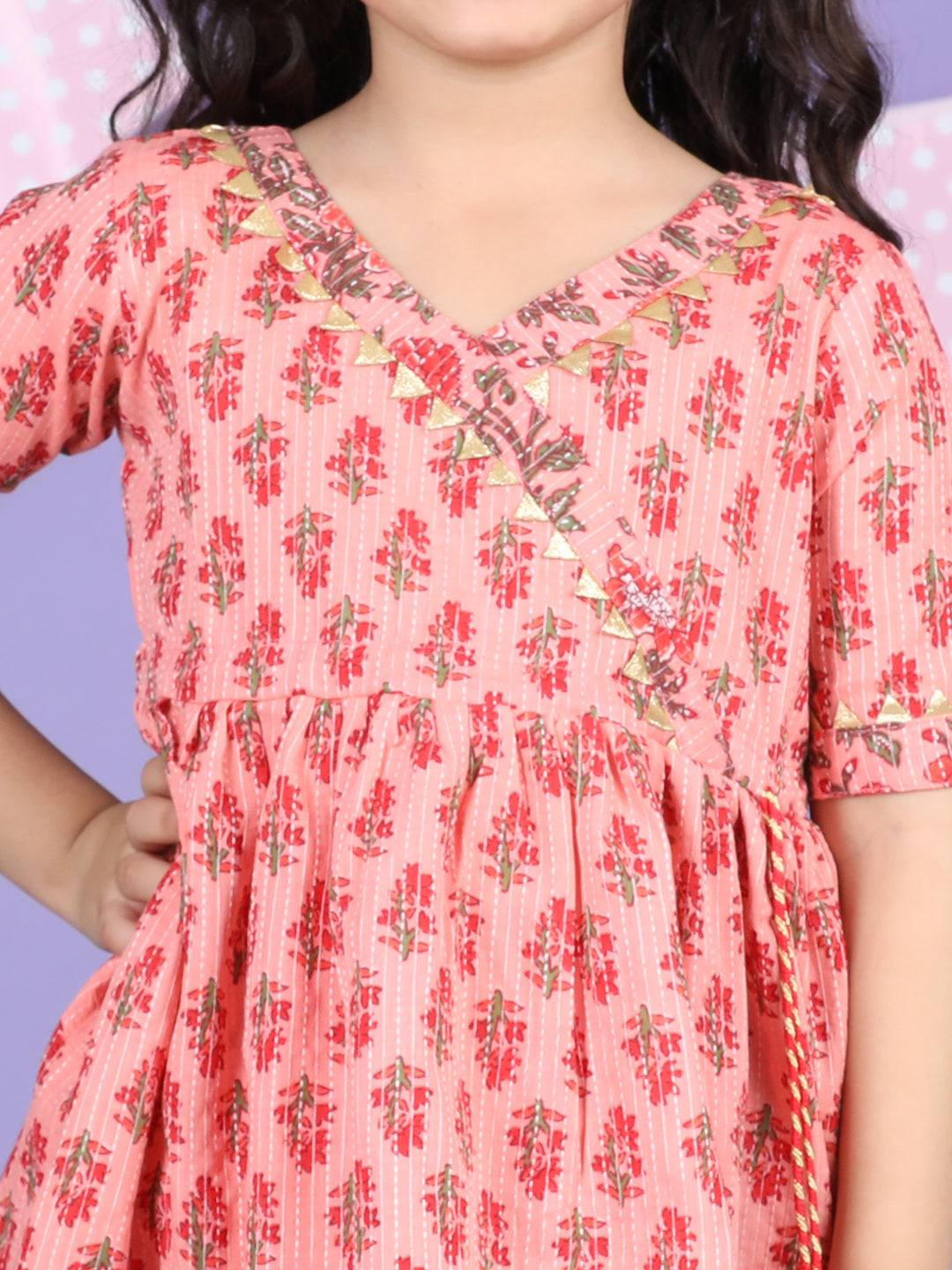 Peach & Red Cotton katha printed Kurti Sharara Set