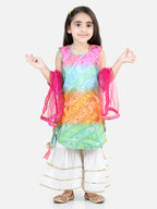 Bandhej Designed Colour Gradient Kurta With Gota Lace Embellished Sharara & Dupatta