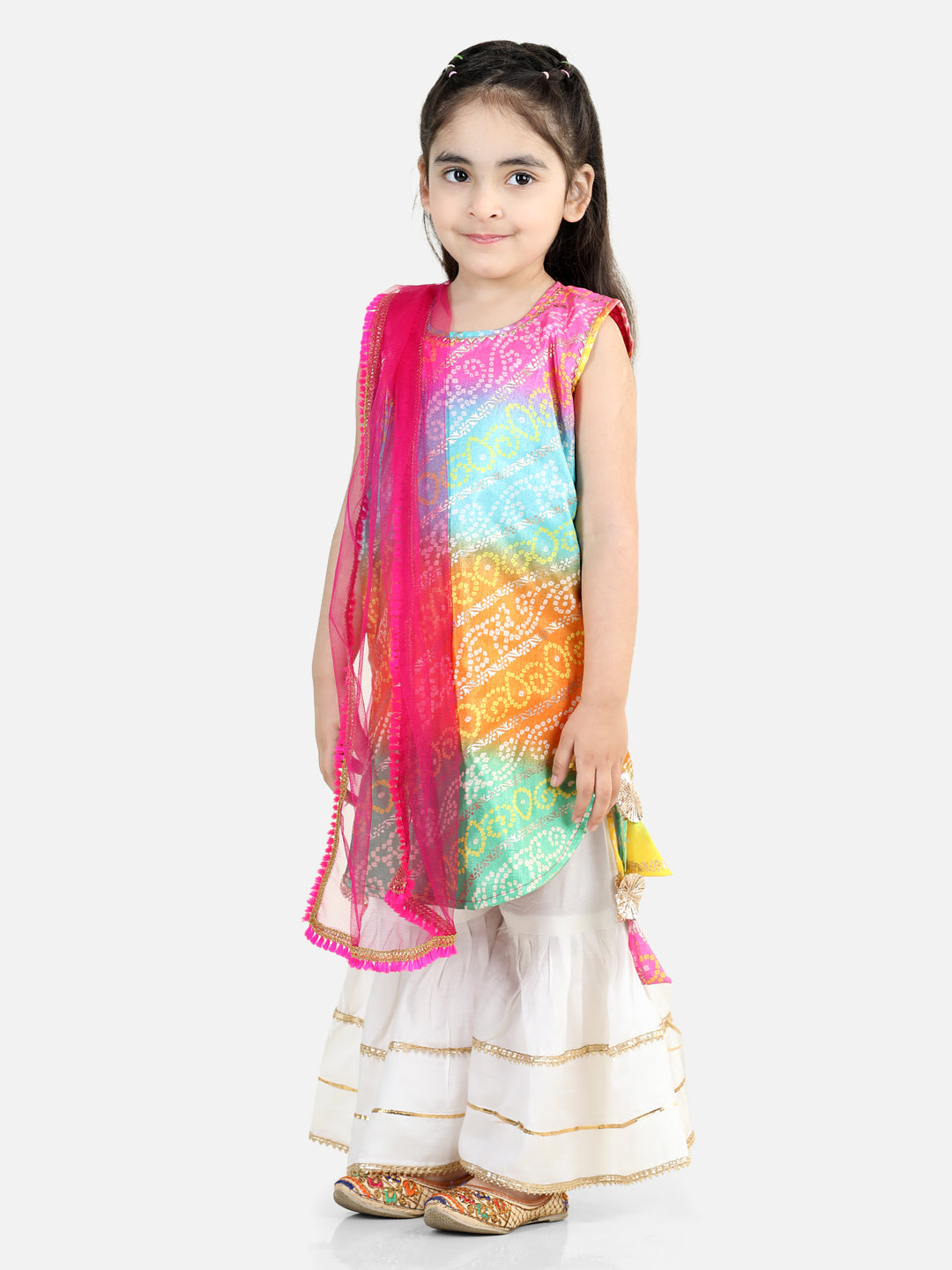 Bandhej Designed Colour Gradient Kurta With Gota Lace Embellished Sharara & Dupatta