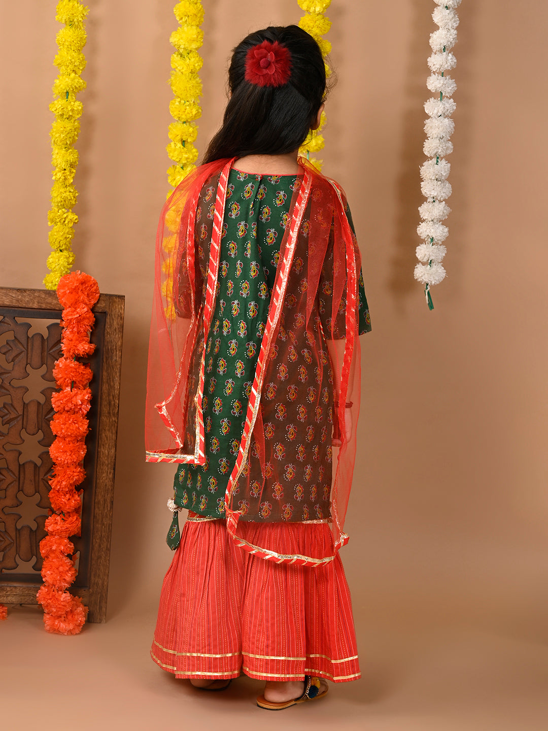 Green kurti with Red Plazo pant and dupatta