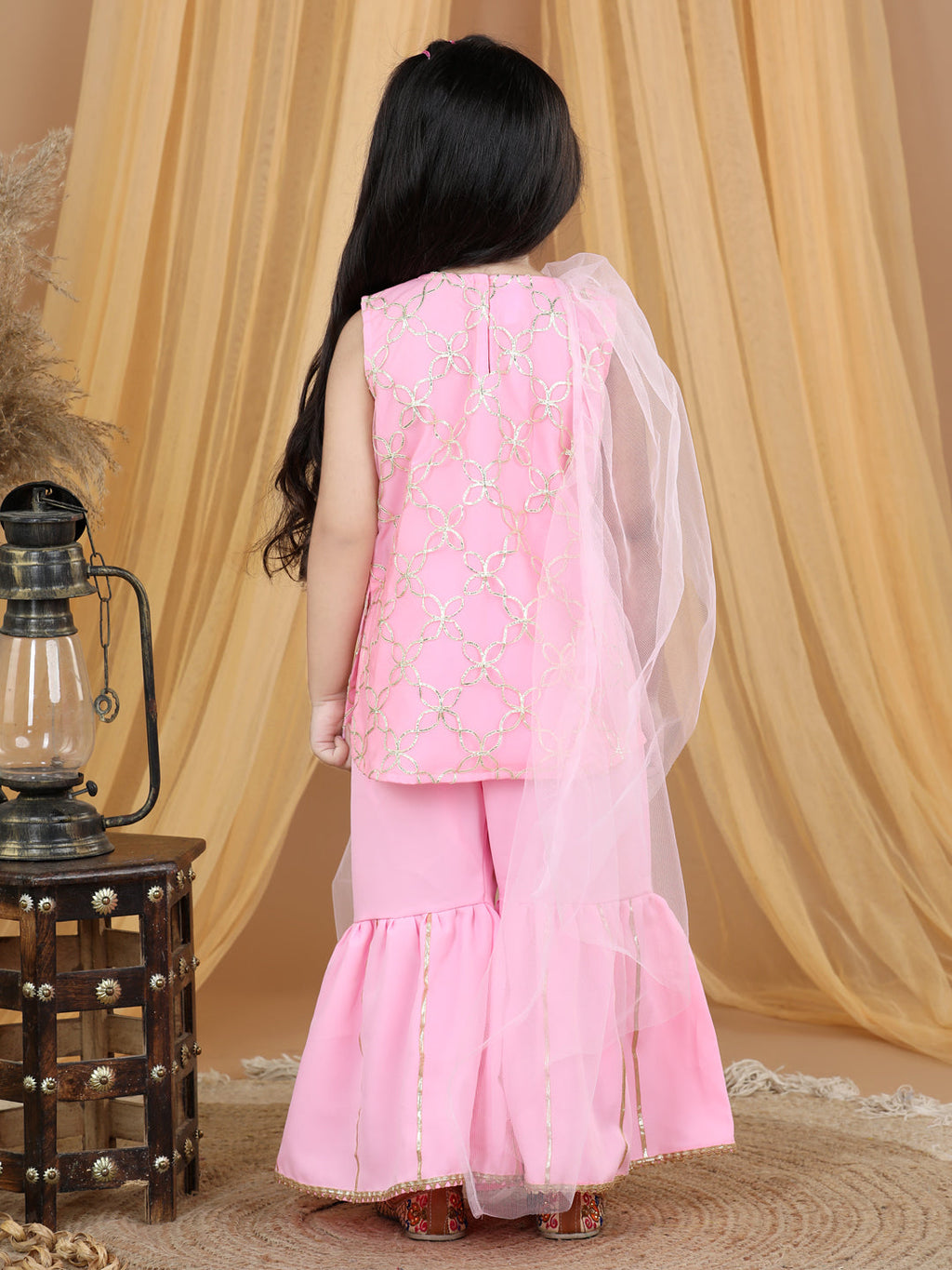 Pink Net Gota Patti Detailed Kurta Sharara With Dupatta
