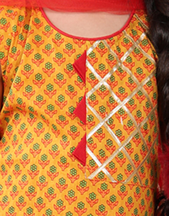 Yellow sleeveless cotton  kurti with Red sharara pant and dupatta