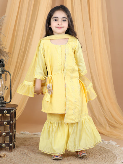 Yellow Embellished Embroidered Side Tie Up Kurta With Sharara & Dupatta