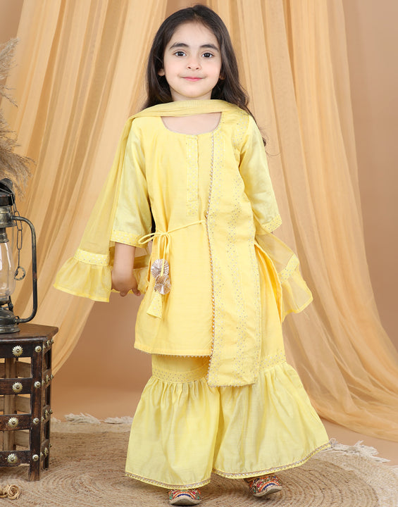 Yellow Embellished Embroidered Side Tie Up Kurta With Sharara & Dupatta