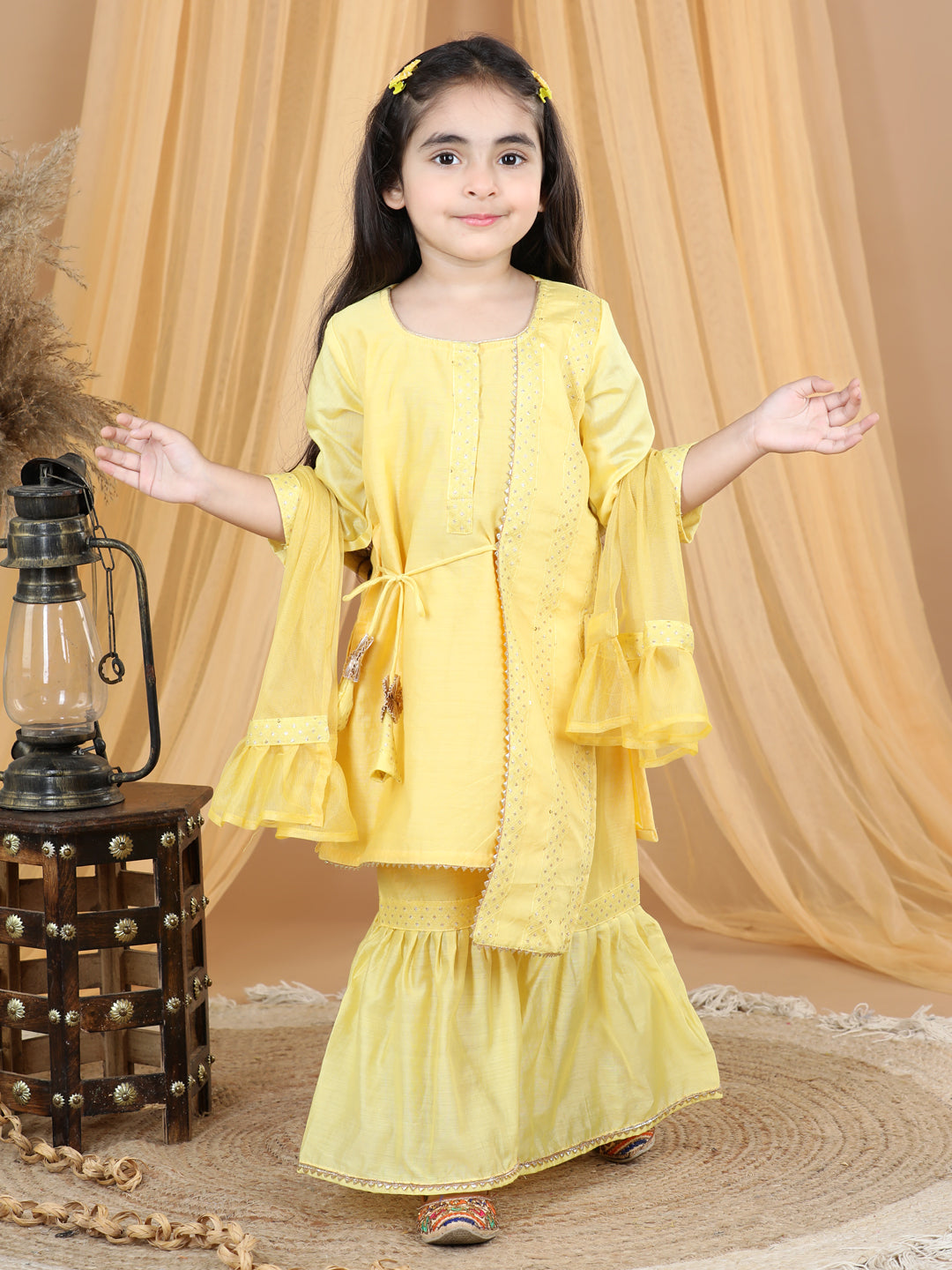 Yellow Embellished Embroidered Side Tie Up Kurta With Sharara & Dupatta