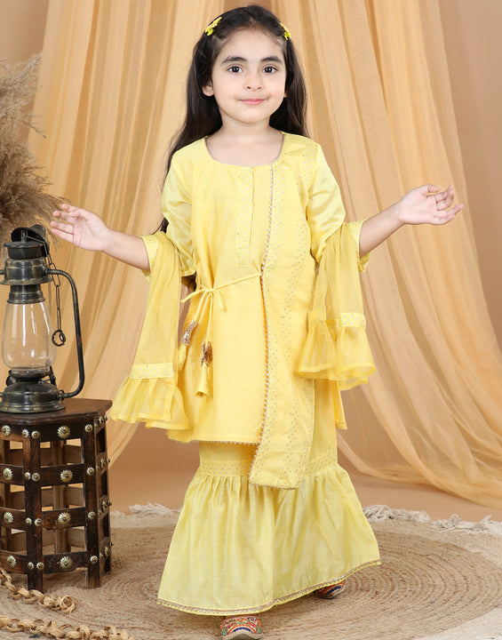 Yellow Embellished Embroidered Side Tie Up Kurta With Sharara & Dupatta