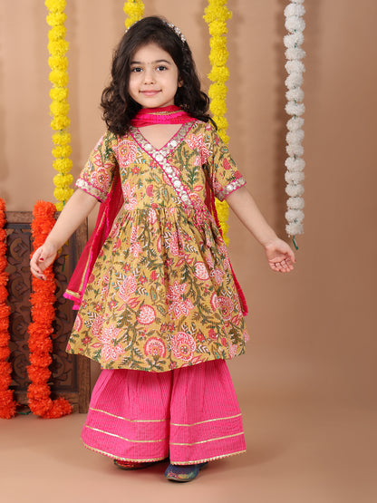 Green 3/4 Sleeveless Kurti with Pink sharara pant and dupatta