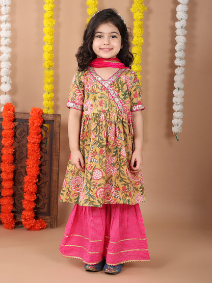 Green 3/4 Sleeveless Kurti with Pink sharara pant and dupatta