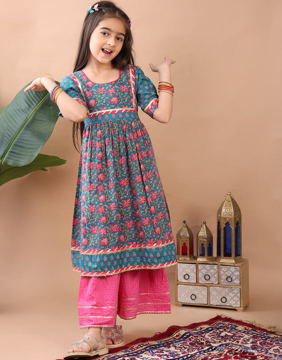 Blue kurti  paired with Pink Sharara pant