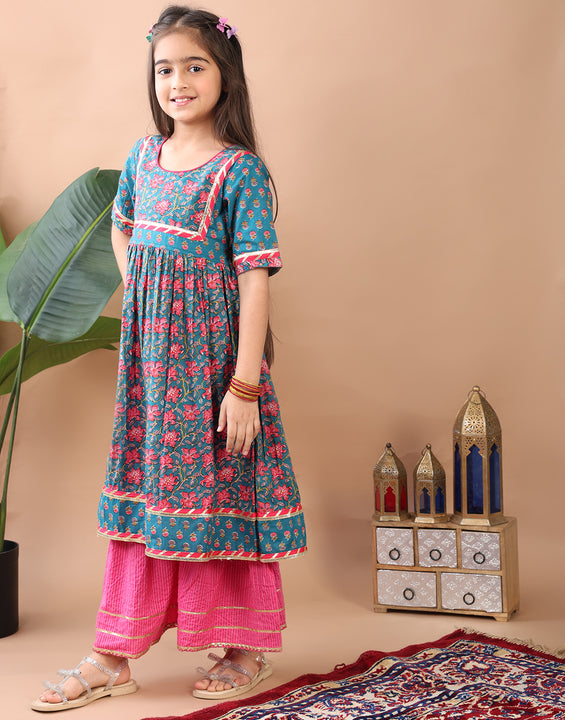 Blue kurti  paired with Pink Sharara pant